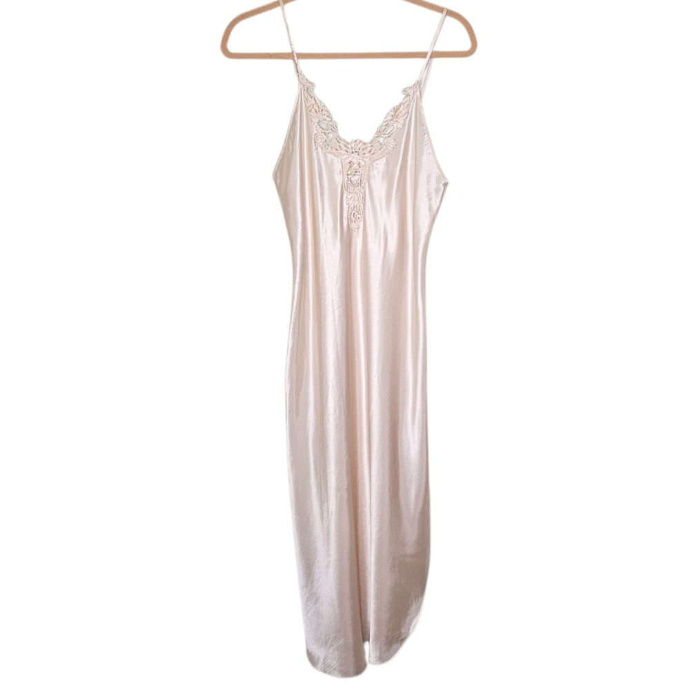 Dentelle Vintage Lingerie Slip Dress Beige Lace Trim M 80s 90s Coquette Romantic